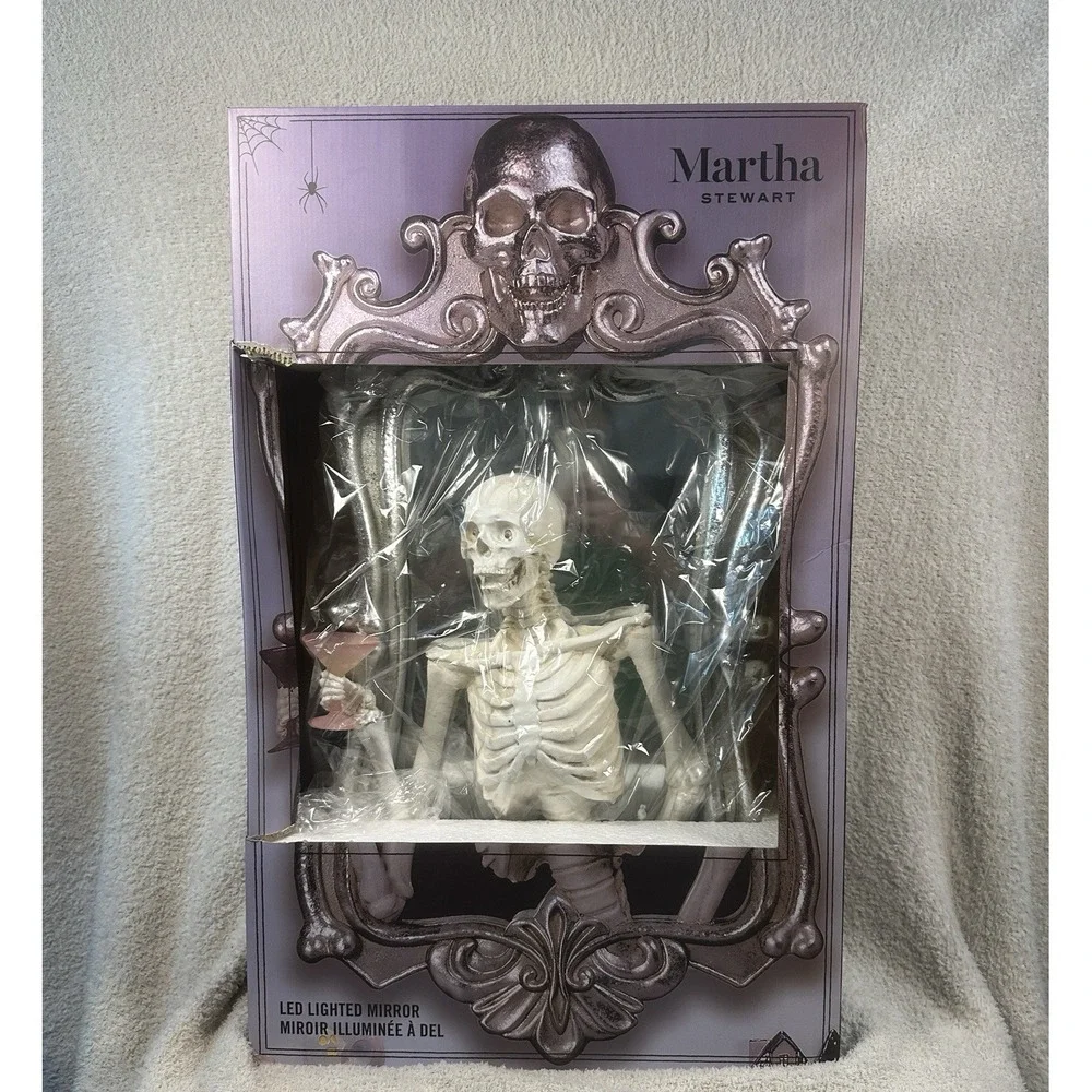 Martha Stewart Halloween Decor Skeleton Holding Pink‎ Martini Glass LED Mirror